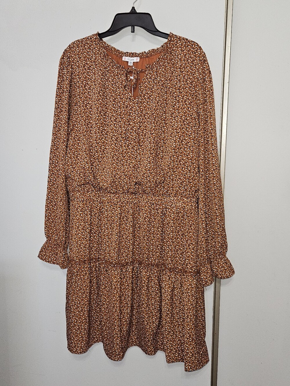 Ladies, Rust Brown Floral Tie-Neck Long Sleeve Dress
